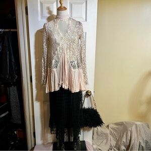 Free People Wms Tell Tale Lace Sheer Boho Fairy Grunge Tunic Top Pink XS